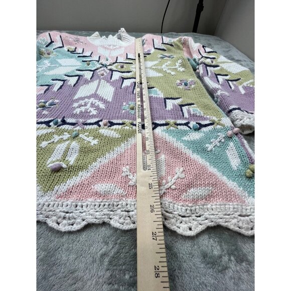 Vintage Fashion Options Sweater Women Large Pastel Geometric Knit Lace Trim Cott - Picture 5 of 13